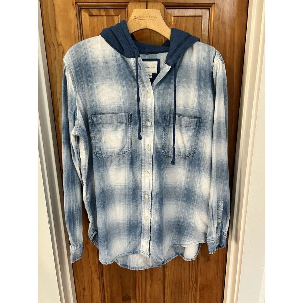 American Eagle Hooded Blue Plaid Flannel ButtonUp Shirt Men SM streetwear skater